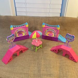 Barbie Skipper Babysitters Bounce House’s & Chelsea Skateboard ramps and Table